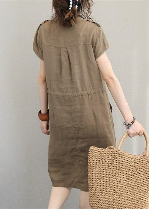 Khaki Linen Drawstring V-Neck Midi Dress