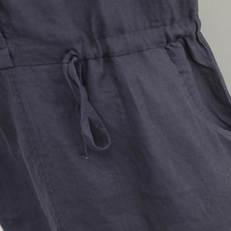Khaki Linen Drawstring V-Neck Midi Dress