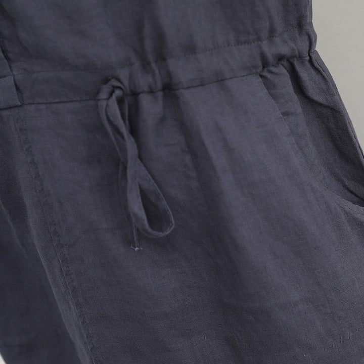 Khaki Linen Drawstring V-Neck Midi Dress