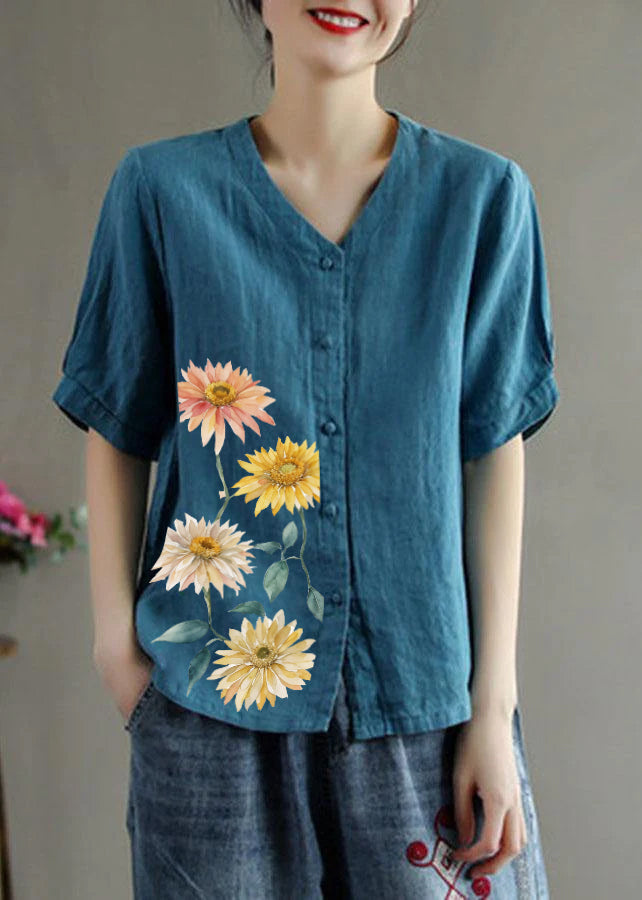 Pink V-Neck Floral Linen Summer Shirt