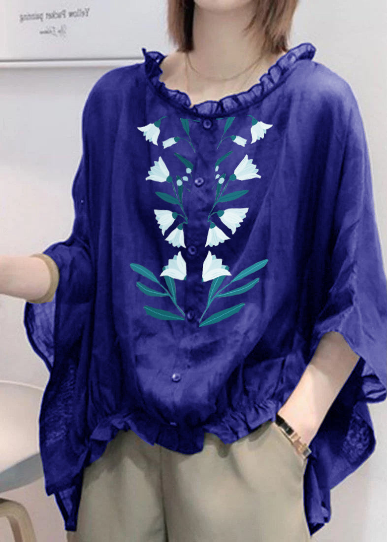 Art Navy Tops Ruffle Trim Half Sleeve Blouse Plus Size