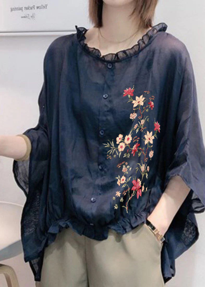 Art Navy Tops Ruffle Trim Half Sleeve Blouse Plus Size