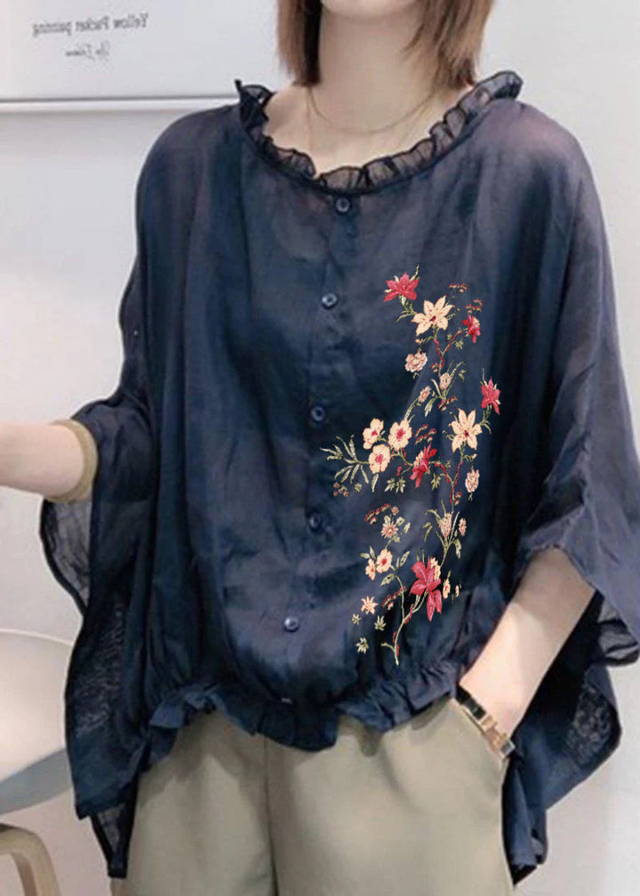 Art Navy Tops Ruffle Trim Half Sleeve Blouse Plus Size