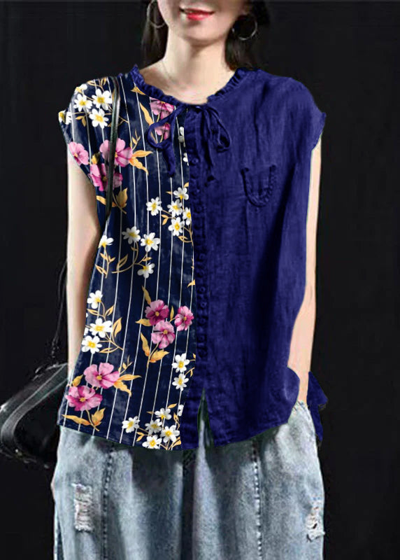 Black-Green Patchwork Ruffle Top Made from Organic Cotton with Short Sleeves