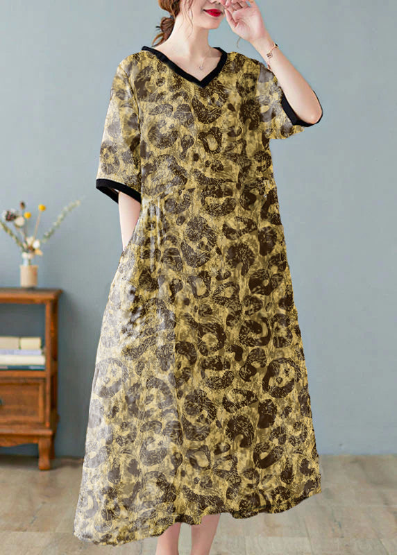 Boutique Khaki Linen Dresses with V-Neck and Short Sleeves