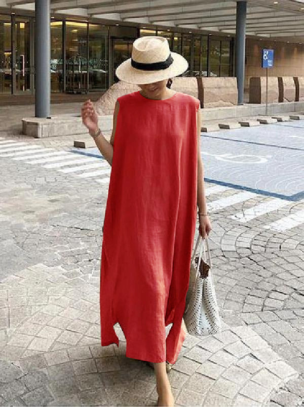 Khaki Side-Open Linen Cotton Dress