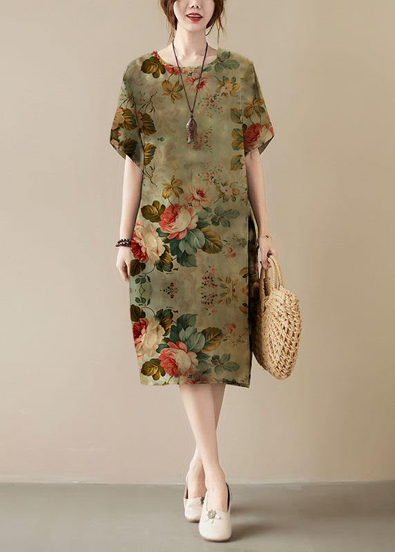 Khaki Print O-Neck Pocket Maxi Dress