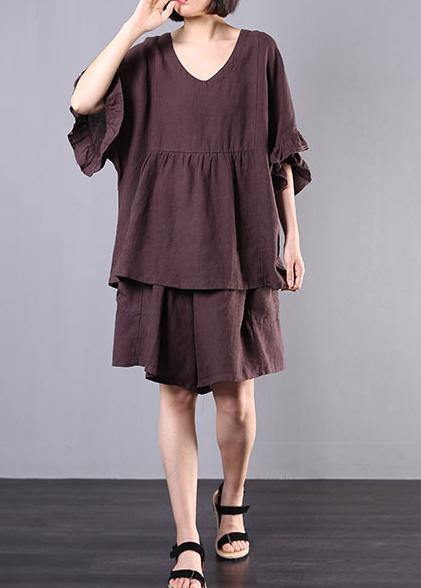 Chocolate Cotton Linen V-Neck, Ruffles, Tops and Women's Casual Shorts, Two-Piece