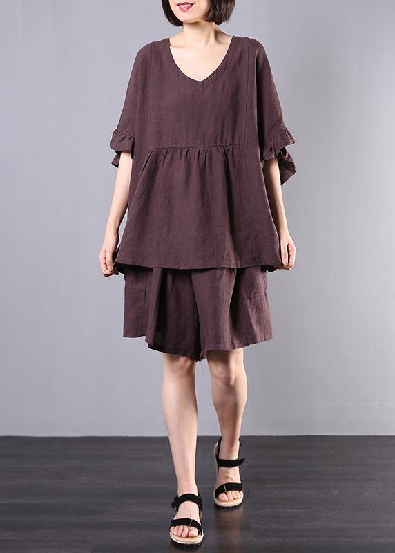 Chocolate Cotton Linen V-Neck, Ruffles, Tops and Women's Casual Shorts, Two-Piece