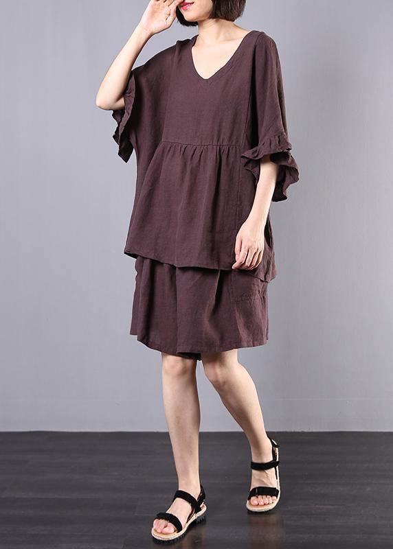 Chocolate Cotton Linen V-Neck, Ruffles, Tops and Women's Casual Shorts, Two-Piece