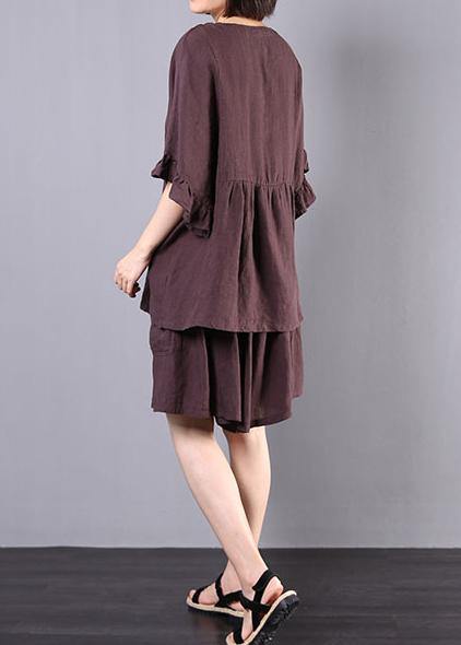 Chocolate Cotton Linen V-Neck, Ruffles, Tops and Women's Casual Shorts, Two-Piece