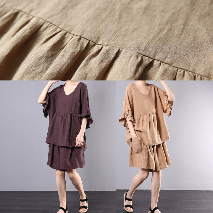 Chocolate Cotton Linen V-Neck, Ruffles, Tops and Women's Casual Shorts, Two-Piece