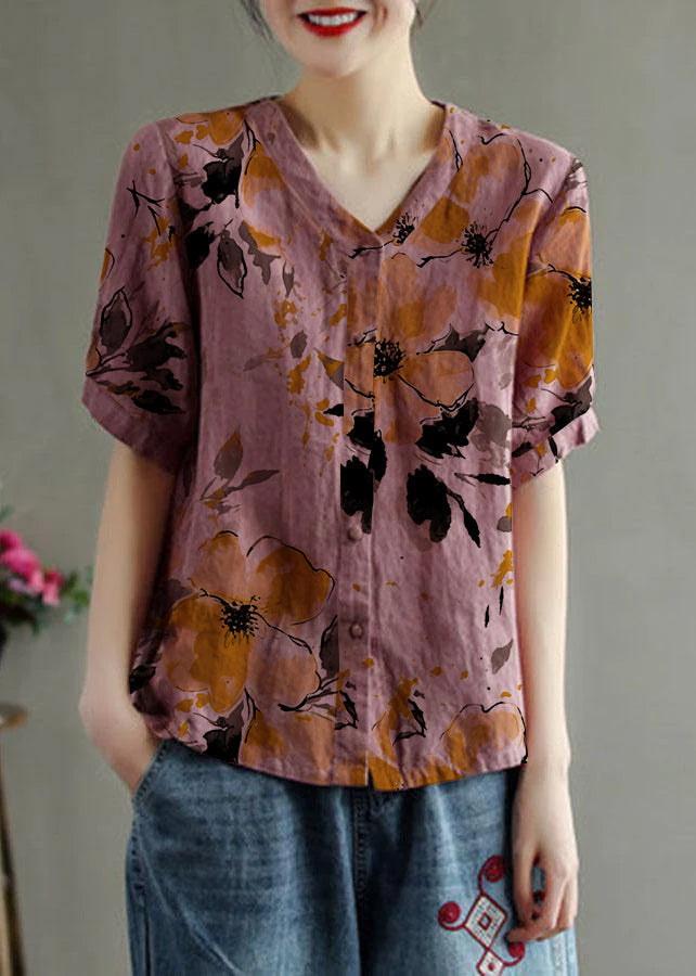 Pink V-Neck Floral Linen Summer Shirt