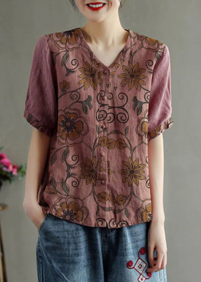 Pink V-Neck Floral Linen Summer Shirt