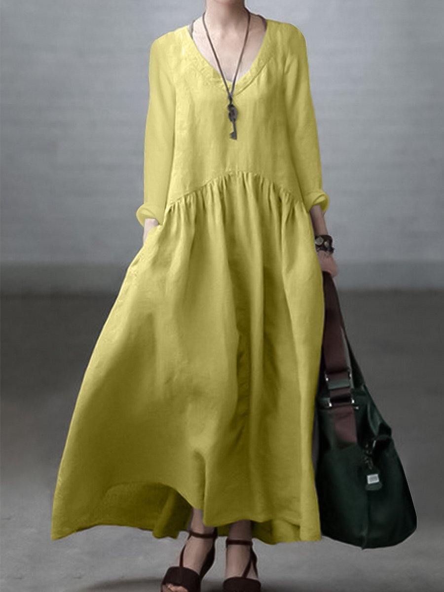Simple and Casual Dress Made of Cotton and Linen with V-Neck