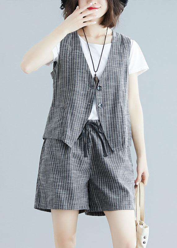 Fashion Gray Striped Two-Piece Sleeveless Women's Tops and Casual Shorts