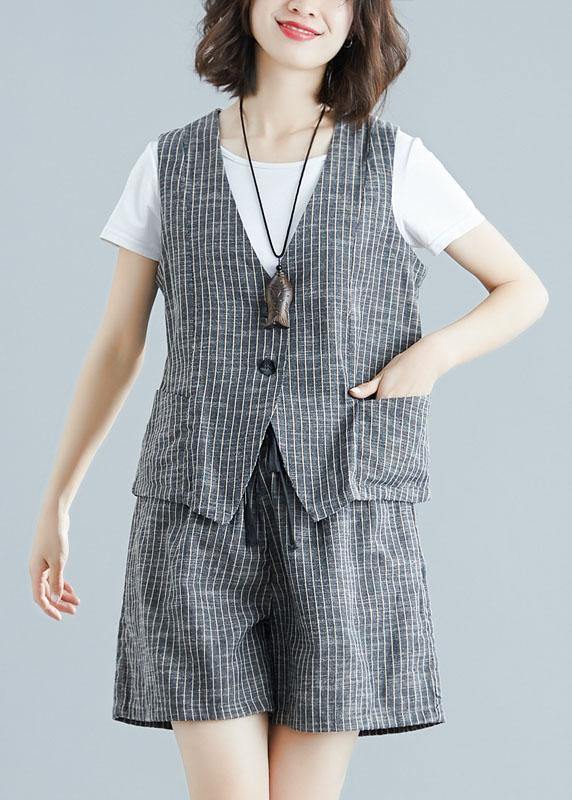 Fashion Gray Striped Two-Piece Sleeveless Women's Tops and Casual Shorts