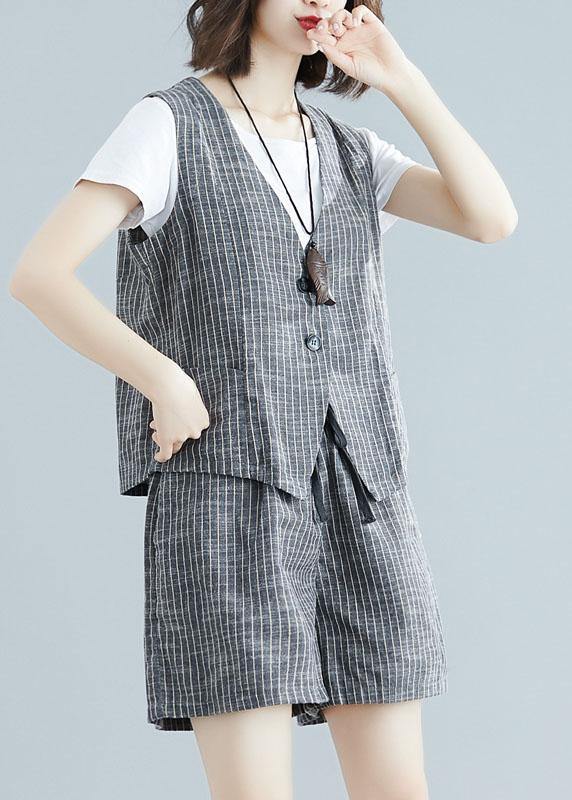 Fashion Gray Striped Two-Piece Sleeveless Women's Tops and Casual Shorts
