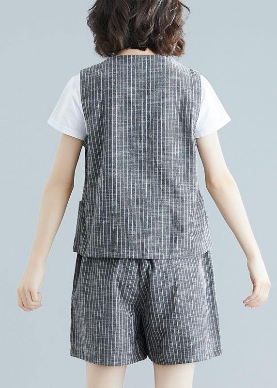 Fashion Gray Striped Two-Piece Sleeveless Women's Tops and Casual Shorts