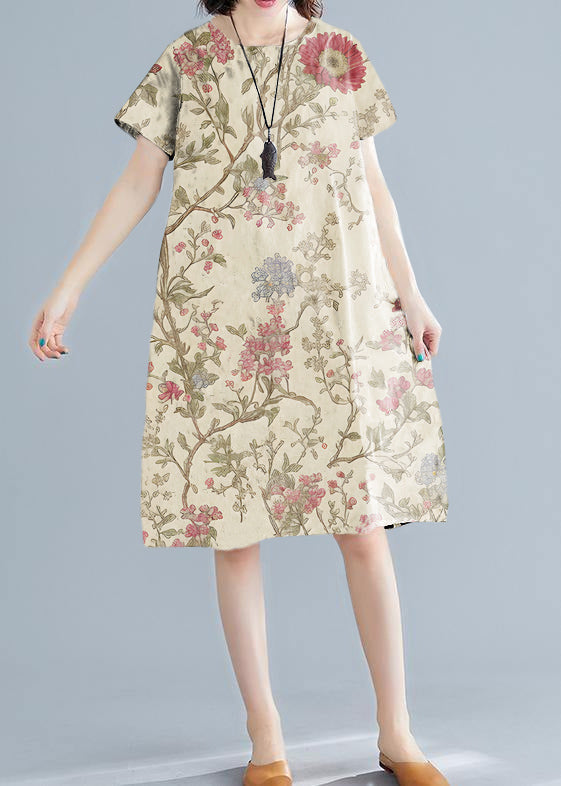 Elegant white printed linen dress with O-neck, short sleeve shift summer dress