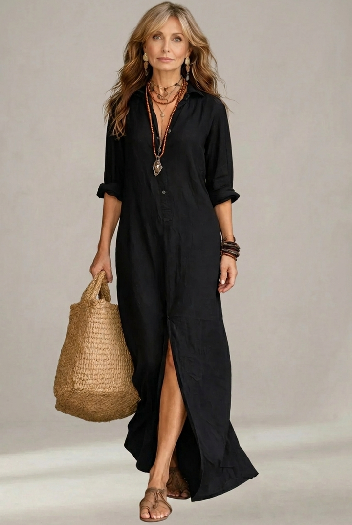 Soline Button V-Neck Maxi Dress