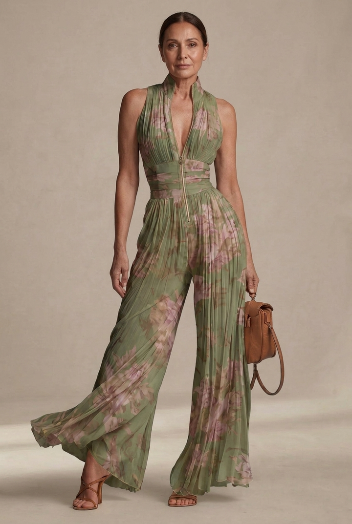 Inés Pleated Floral Chiffon Jumpsuit