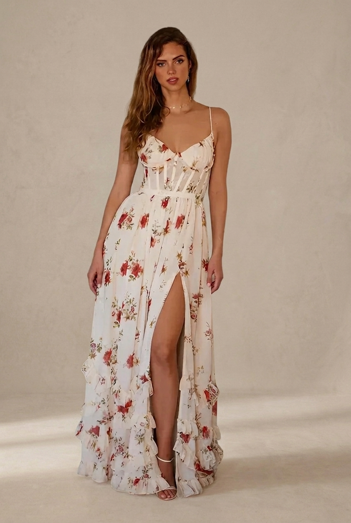 Paola Romantic V-Neck Floral Dress