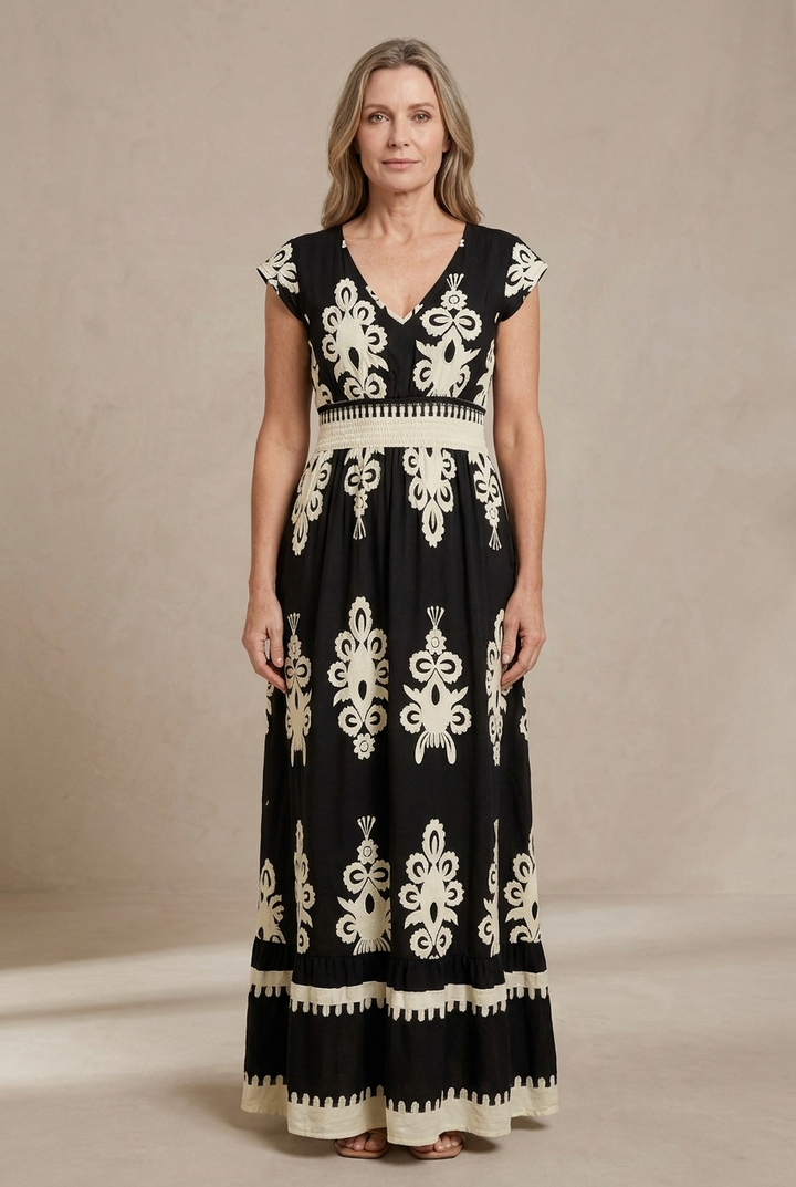 Candela Baroque V-Neck Maxi Dress