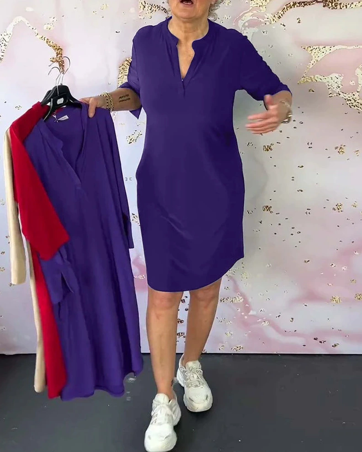 Solid V-Neck Casual Dress
