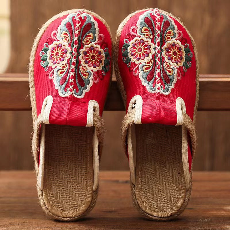2025 Linen Floral Shoes Flip Flop Flats