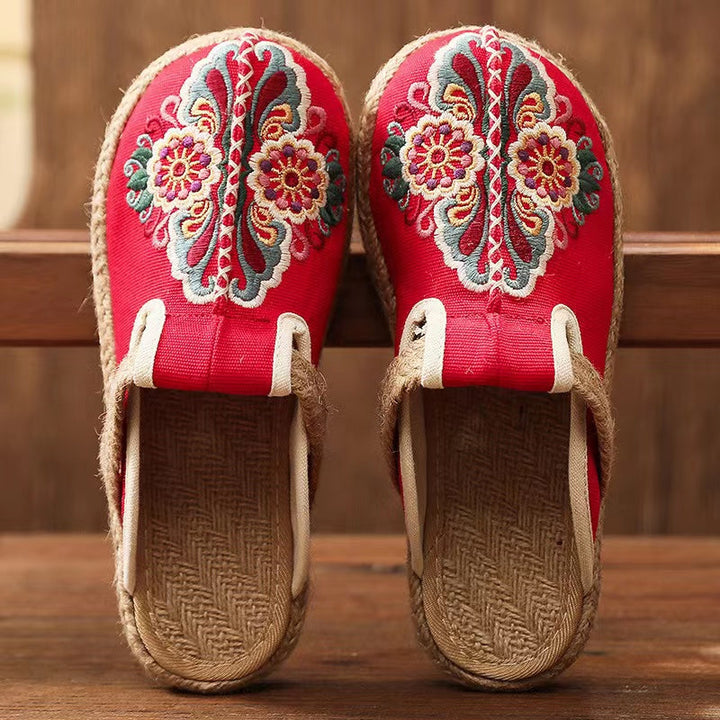 2025 Linen Floral Shoes Flip Flop Flats