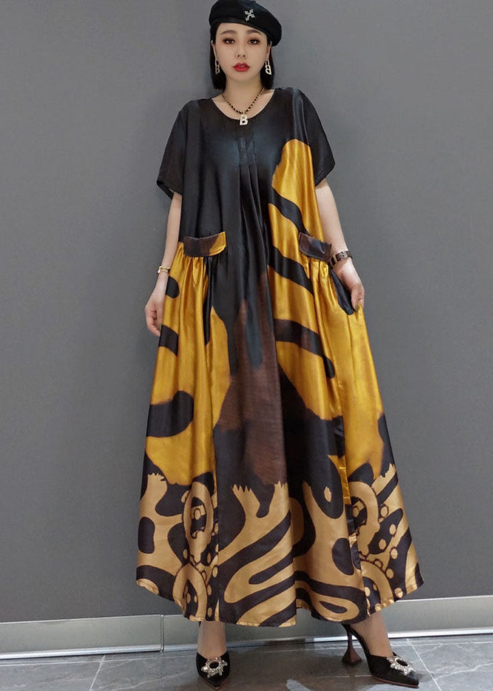 Yellow Print Satin Maxi Dress