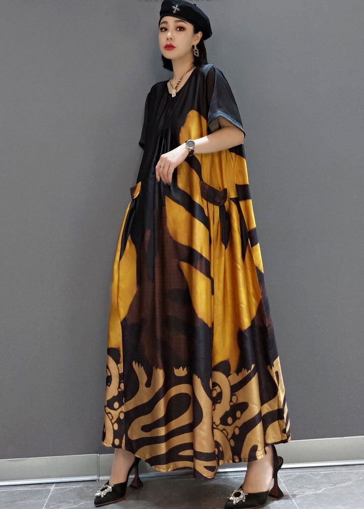 Yellow Print Satin Maxi Dress