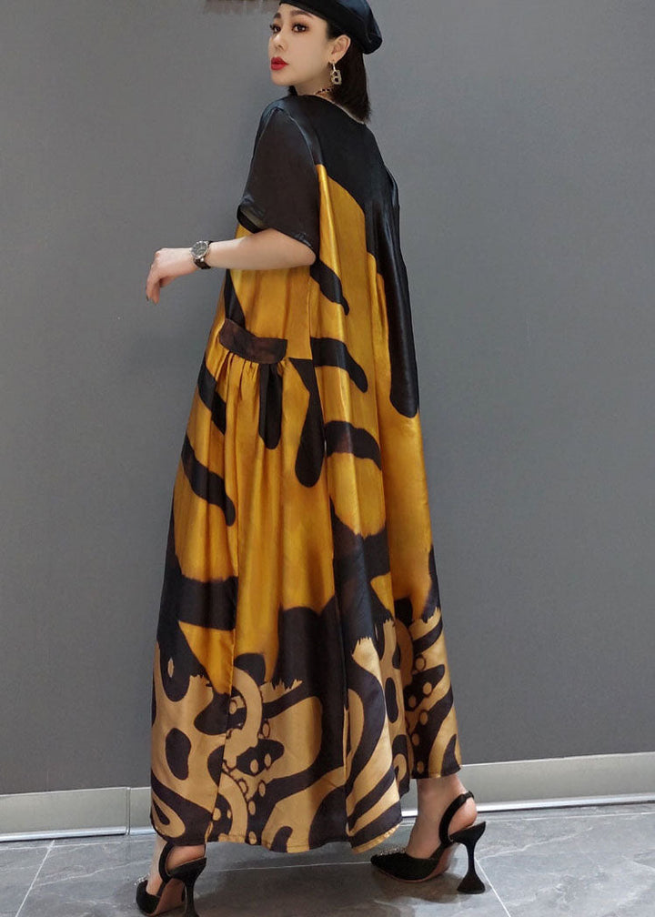 Yellow Print Satin Maxi Dress