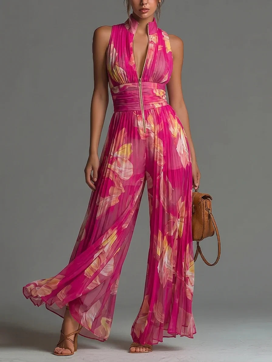 Zakira | Pleated Halter-Neck Wide-Leg Jumpsuit