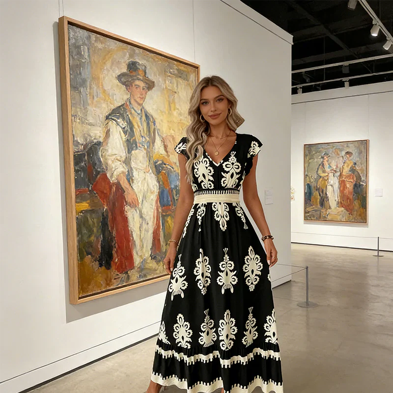 Candela Baroque V-Neck Maxi Dress