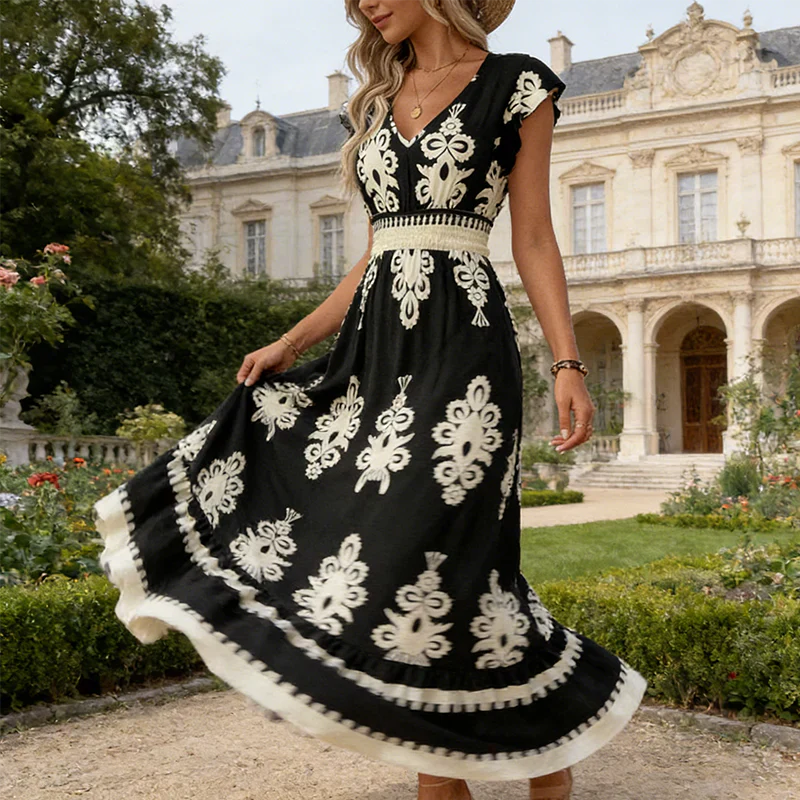 Candela Baroque V-Neck Maxi Dress