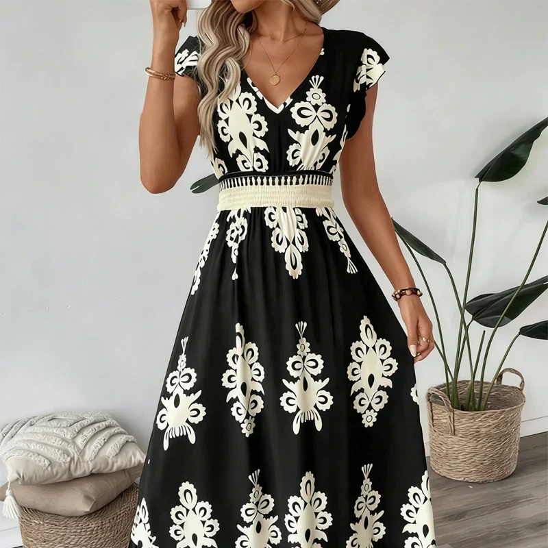 Candela Baroque V-Neck Maxi Dress