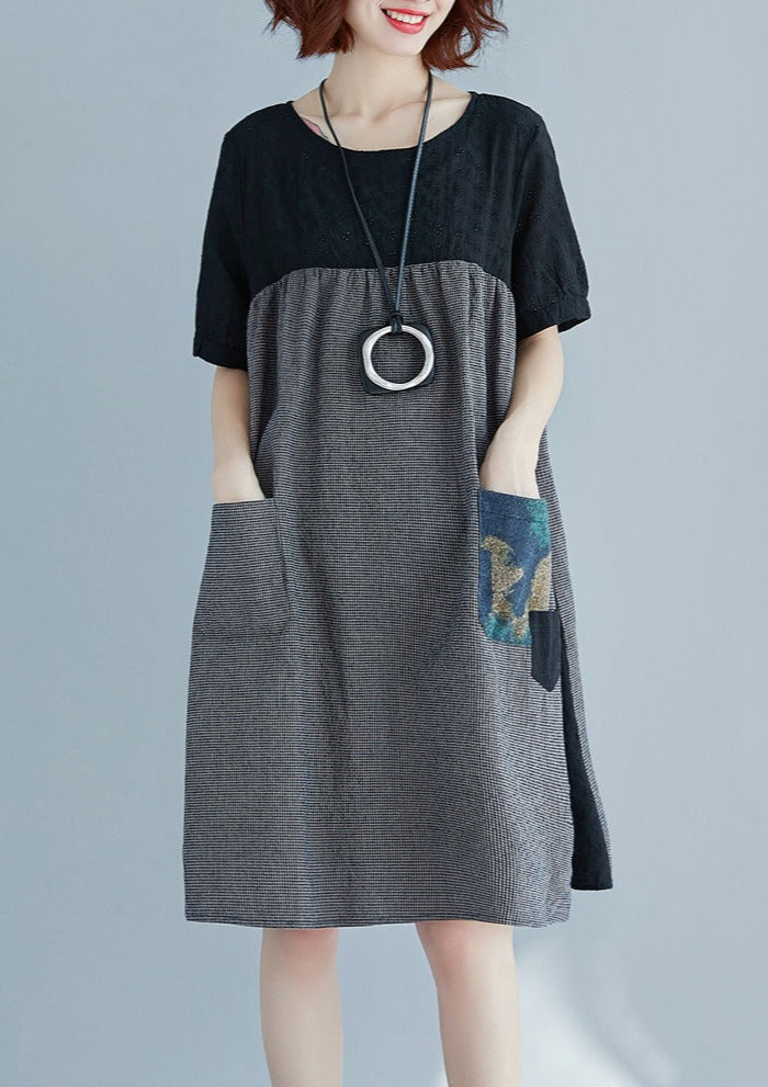 Stylish Black Dress Made of Natural Cotton-Linen Loose Fit Short Sleeve Pocket Vacation Dresses 2018 Patchwork Cotton-Linen Dresses with O-Neck