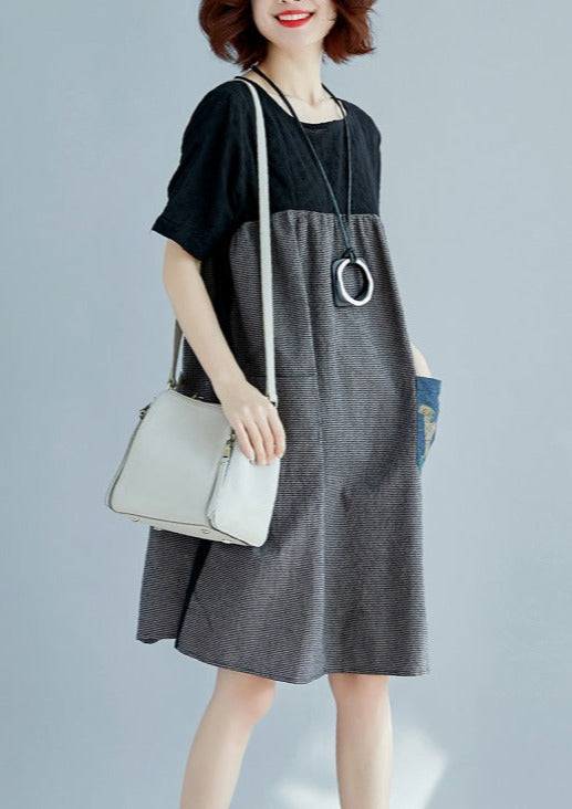 Stylish Black Dress Made of Natural Cotton-Linen Loose Fit Short Sleeve Pocket Vacation Dresses 2018 Patchwork Cotton-Linen Dresses with O-Neck