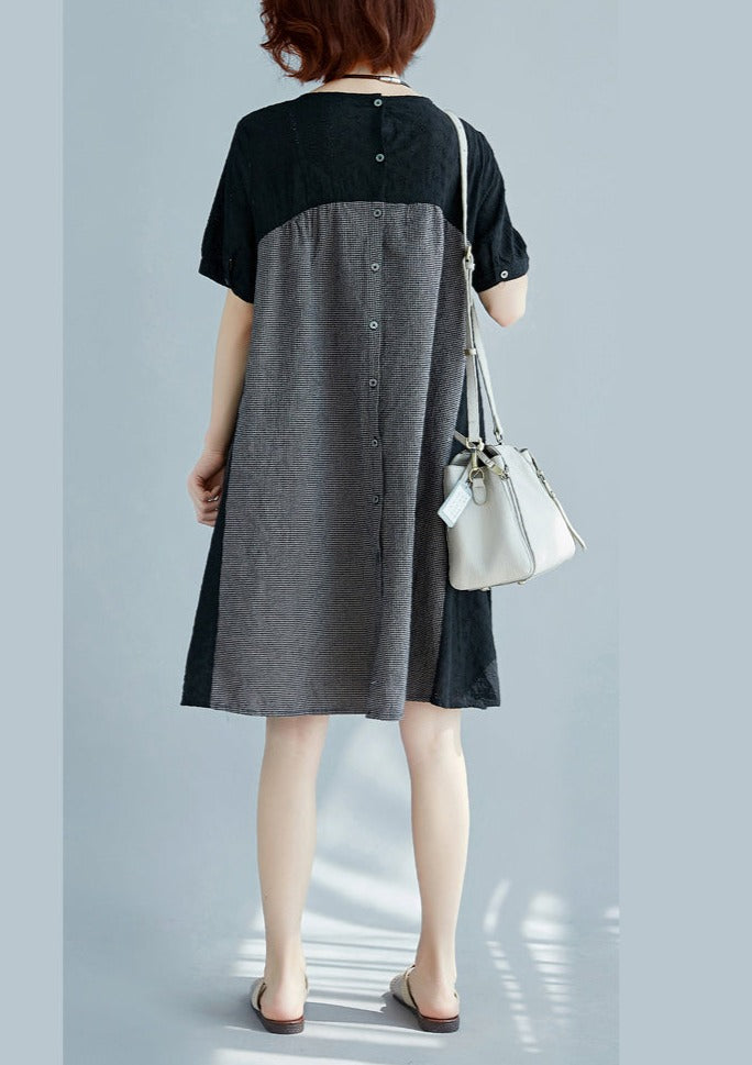 Stylish Black Dress Made of Natural Cotton-Linen Loose Fit Short Sleeve Pocket Vacation Dresses 2018 Patchwork Cotton-Linen Dresses with O-Neck