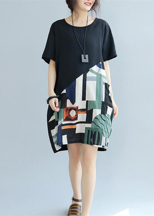 Black Patchwork Linen Animal Print Dress