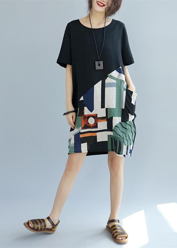 Black Patchwork Linen Animal Print Dress