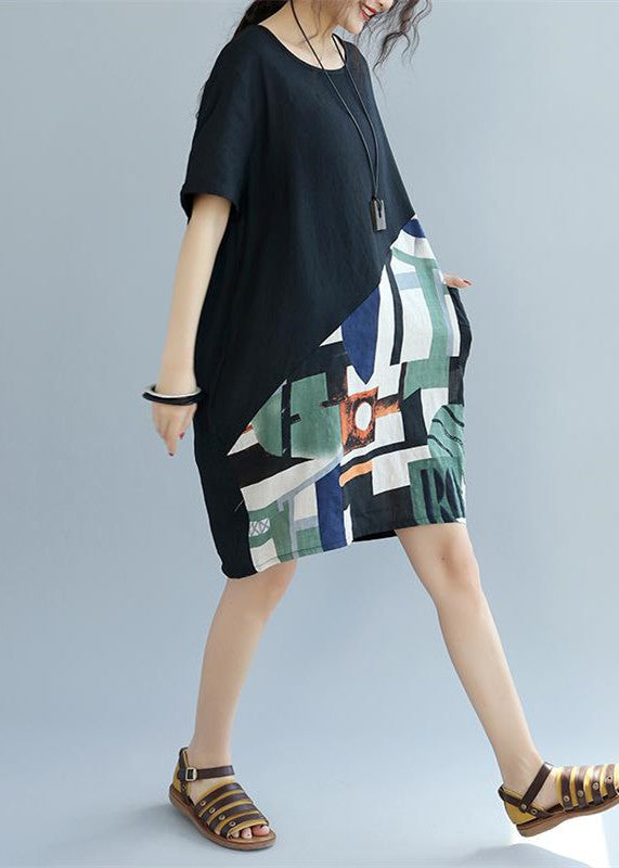 Black Patchwork Linen Animal Print Dress